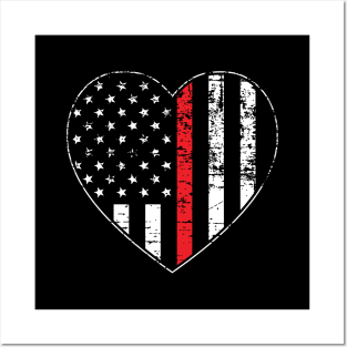 Thin Red Line Distressed American Flag Heart Posters and Art